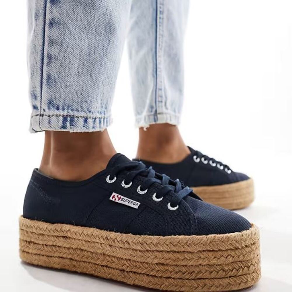 Superga 2790 Rope Sole Flatform Trainers Lace Up Sneakers Navy Blue Women's 8.5